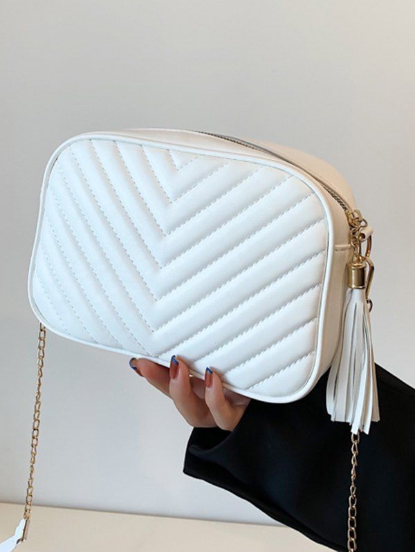 Solid Color Rectangle Tassel Zipper Quilter Crossbody Bag - WHITE 