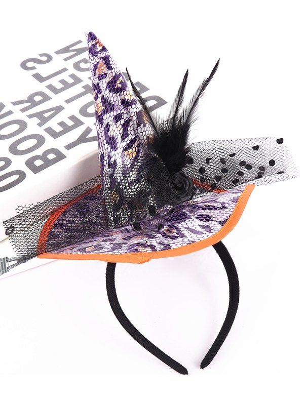 Halloween Cosplay Hairband Printed Witch Hat Rose Faux Feather Polka Dot Mesh Hairband - CONCORD 
