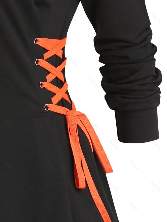 Mini Robe Ligne A Gothique à Imprimé Chat et Lune à Lacets à Manches Longues - Noir XXXL