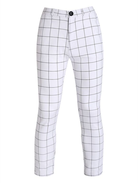 Pantalon Décontracté Long à Carreaux Imprimé à Braguette Zippée - Blanc 2XL