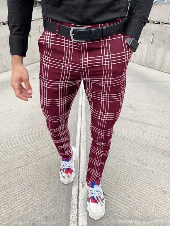 Pantalon Décontracté Long à Carreaux Imprimé à Braguette Zippée avec Poches - Rouge XL