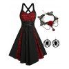 Halloween Outfit Skull Pattern Lace Insert Lace-up Gothic Godet Dress And Choker Necklace Earrings Set - BLACK S