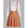 Ensemble de T-shirt à Bretelle Croisée à Carreaux à Manches Longues Grande Taille et de Jupe Ligne A - Orange 1X