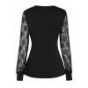 Sheer Flower Lace Panel T-shirt V Neck Long Sleeve Tee - BLACK 3XL