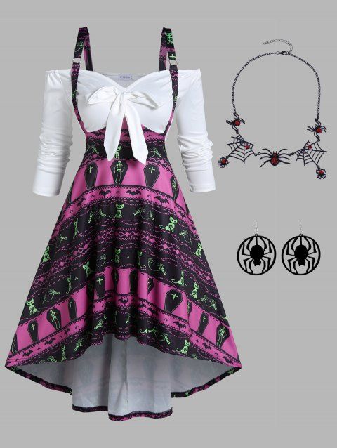 Bat Skeleton Cat Print Bowknot High Low Dress And Web Rhinestone Spider Necklace Earrings Gothic Outfit