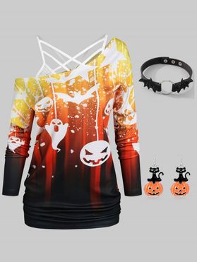 Bat Pumpkin Print T Shirt with Flower Lace Cami Top And Choker Earrings Halloween Outfit