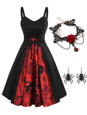 Grommet Lace Up Skull A Line Dress And Rose Chain Lace Choker Spider Earrings Gothic Outfit