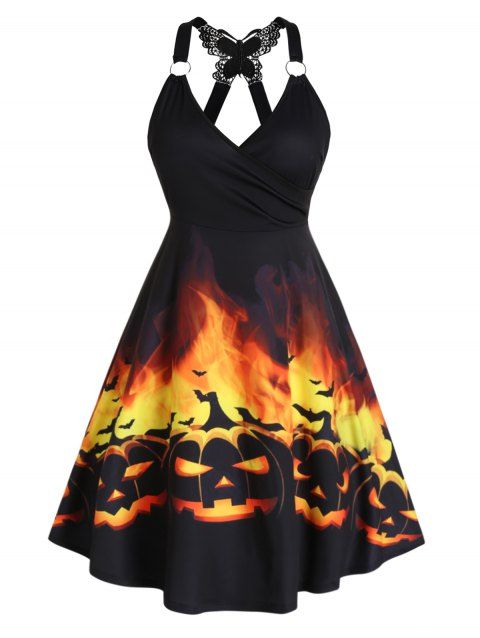 Plus Size Halloween Pumpkin Bat Black Cat Print Mini Dress Surplice Plunge Butterfly Lace O Ring Straps A Line Dress