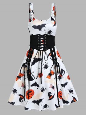 Halloween Dress Pumpkin Bat Spider Print Lace Up Wide Waist Adjustable Strap A Line Mini Dress