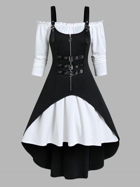 Ensemble mini-robe trapèze à volants et épaules dénudées, haut long à bretelles réglables et œillets à fermeture éclair et colorblock