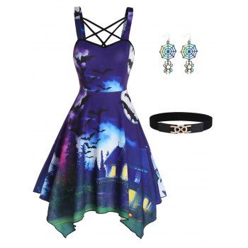 Bat Moon Night Print Crisscross Asymmetric Dress With Buckle Belt And Rainbow Web Spider Earrings Halloween Outfit