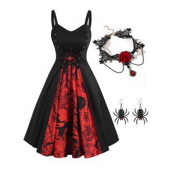 

Grommet Lace Up Skull A Line Dress And Rose Chain Lace Choker Spider Earrings Gothic Outfit, Multicolor