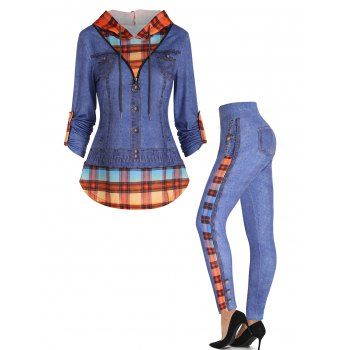 

Faux Denim 3D Print Plaid Panel Zipper Hoodie And Spliced Leggings Casual Outfit, Multicolor