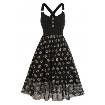 

Halloween Dress Glitter Pumpkin Print Mock Button High Waisted A Line Midi Dress, Black