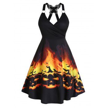 

Plus Size Halloween Pumpkin Bat Black Cat Print Mini Dress Surplice Plunge Butterfly Lace O Ring Straps A Line Dress, Orange