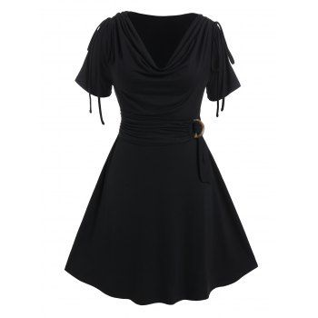 

Plus Size Dress Cowl Neck Dress Draped Cinched Self Belted O Ring A Line Mini Dress, Black