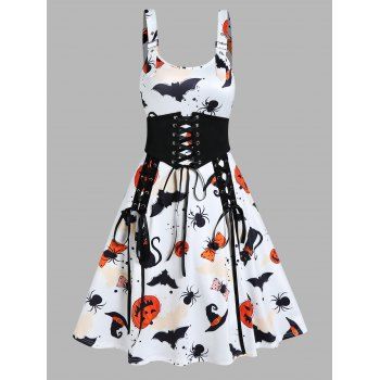 

Halloween Dress Pumpkin Bat Spider Print Lace Up Wide Waist Adjustable Strap A Line Mini Dress, White