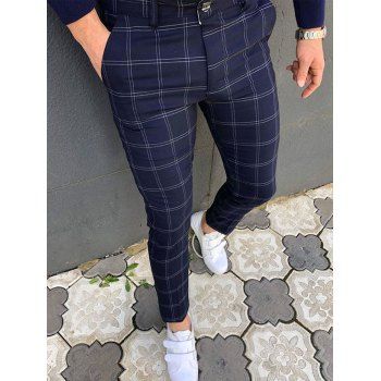 

Plaid Print Pants Casual Pants Zipper Fly Pockets Long Pants, Blue