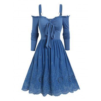 

Cold Shoulder Long Sleeve Dress Hollow Out Floral Embroidery Bowknot Ruffles O Ring A Line Dress, Deep blue