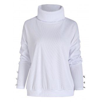 

Solid Color Sweater Textured Decorated Button Turtleneck Long Sleeve Sweater, White