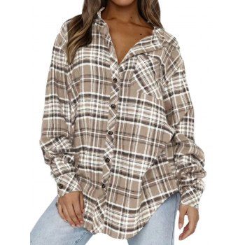

Plaid Print Shirt Long Sleeve Shirt Front Pocket Button Up Long Shirt, Light coffee