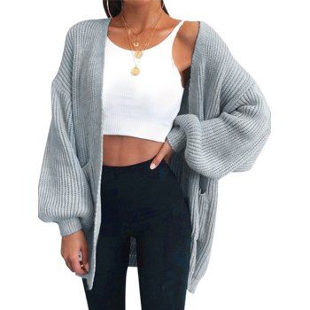 

Solid Color Cardigan Crochet Cardigan Open Front Pockets Long Sleeve Cardigan, Light gray