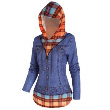 

Faux Denim Jacket 3D Print Hoodie Plaid Panel O Ring Half Zipper Drawstring Hoodie, Multicolor