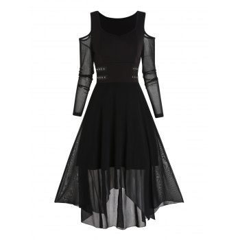 

Gothic Dress Cold Shoulder Asymmetric Dress See Thru Mesh Long Sleeve Handkerchief Dress, Black