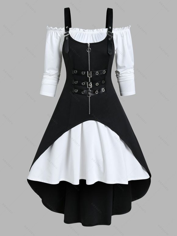Ensemble mini-robe trapèze à volants et épaules dénudées, haut long à bretelles réglables et œillets à fermeture éclair et colorblock - Noir L