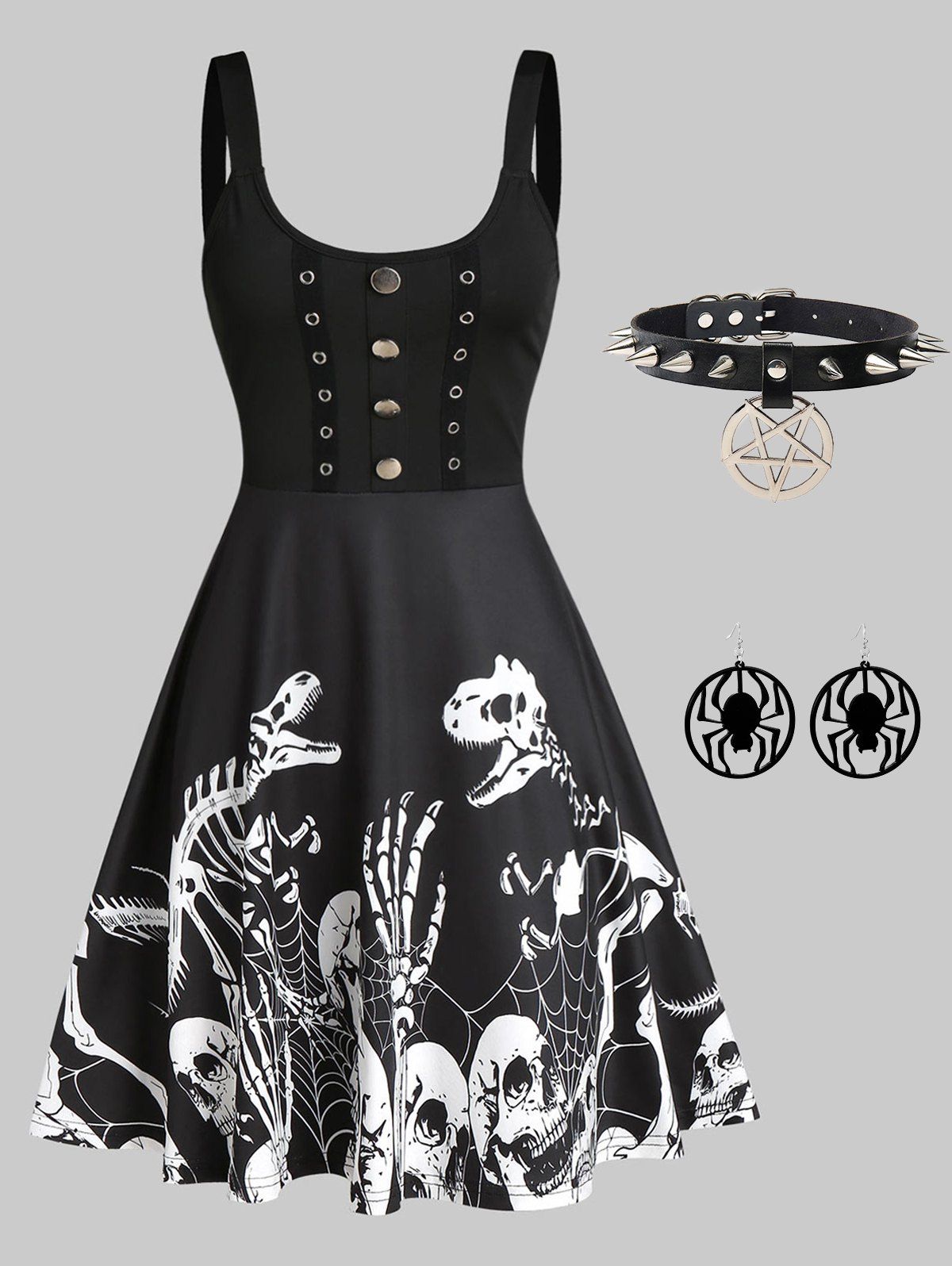 Dinosaur Skeleton Print A Line Dress And Star Rivets Choker Spider Earrings Gothic Outfit - BLACK S