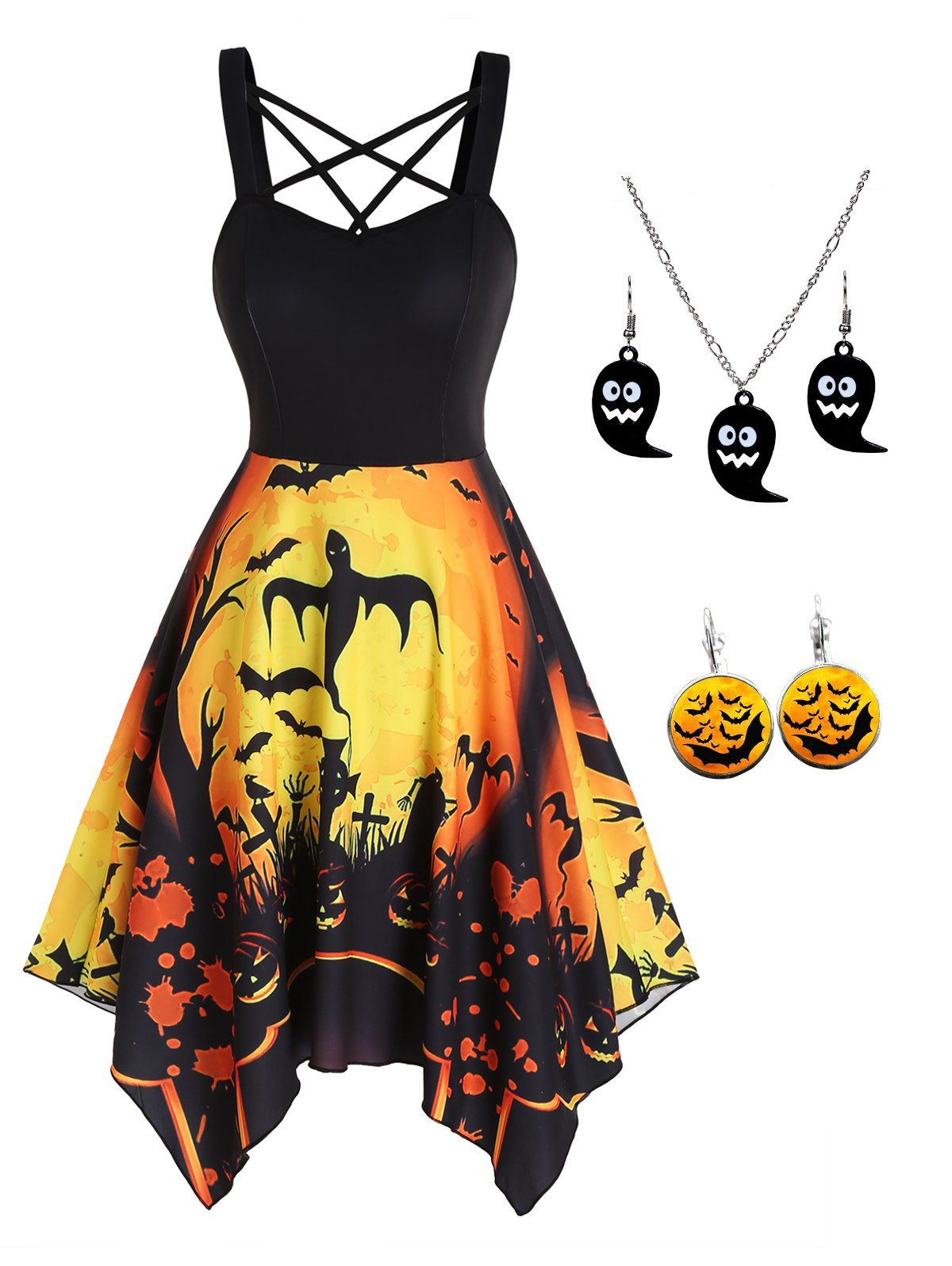 Pumpkin Bat Ghost Print Crisscross Handkerchief Dress And Gothic Necklace Earrings Halloween Outfit - multicolor S