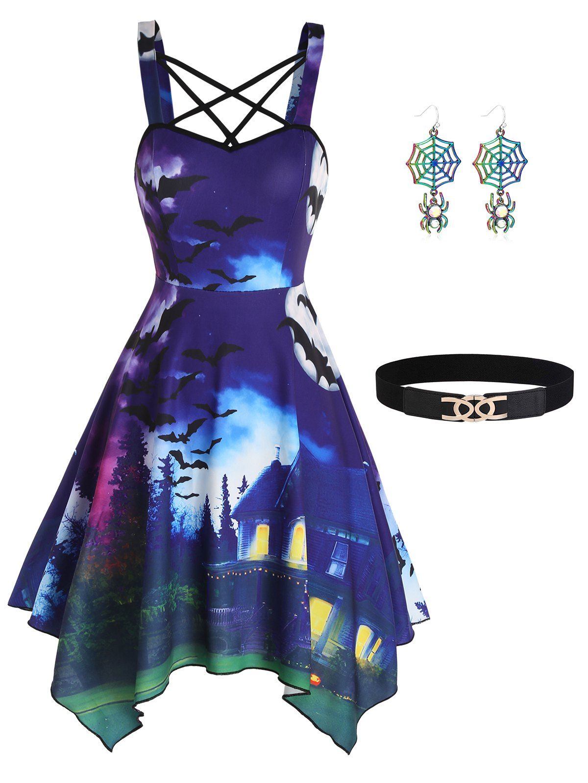 Bat Moon Night Print Crisscross Asymmetric Dress With Buckle Belt And Rainbow Web Spider Earrings Halloween Outfit - multicolor S