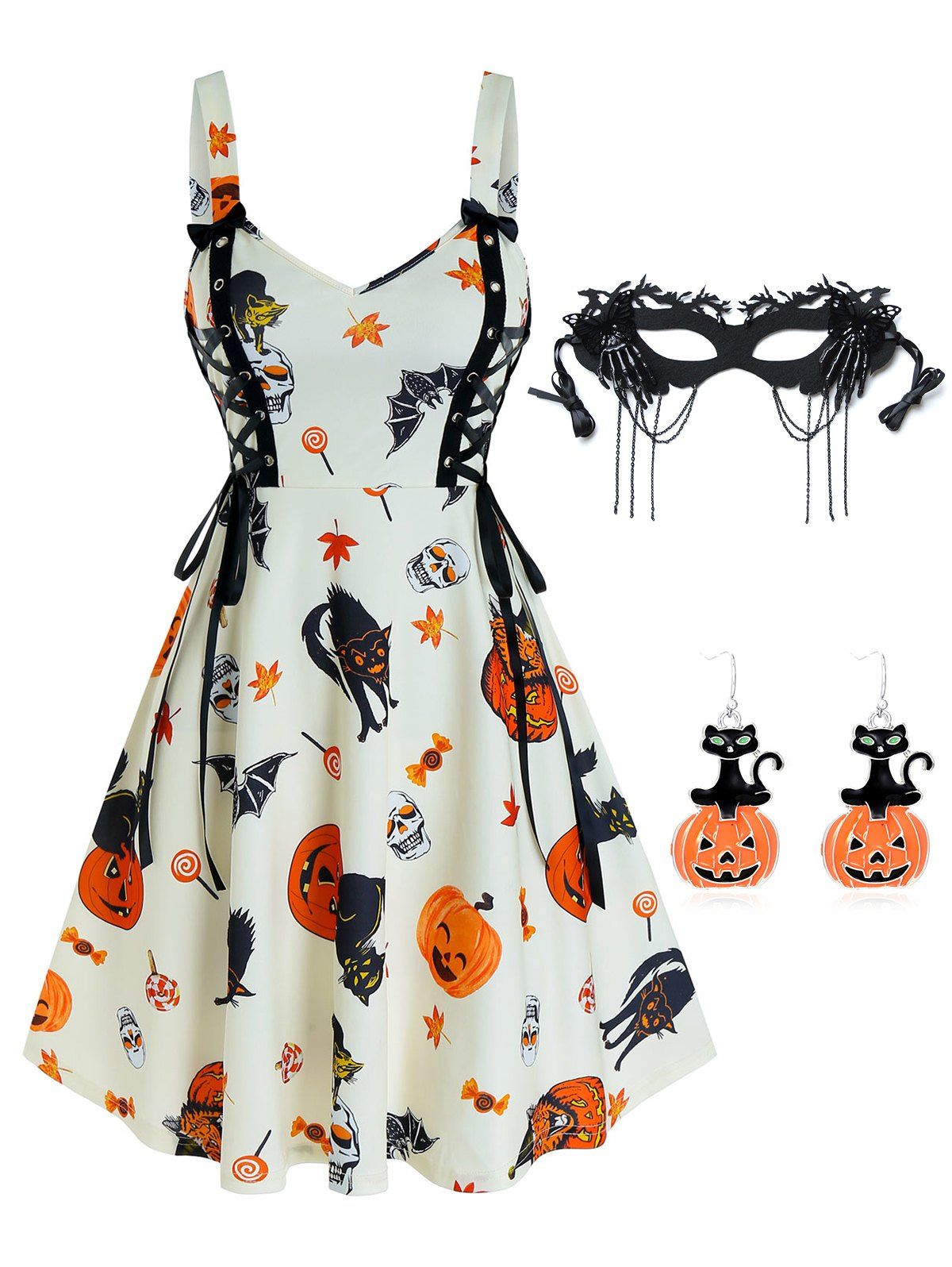 Animal Pumpkin Print Lace Up Cami A Line Dress And Party Mask Earrings Halloween Outfit - multicolor S