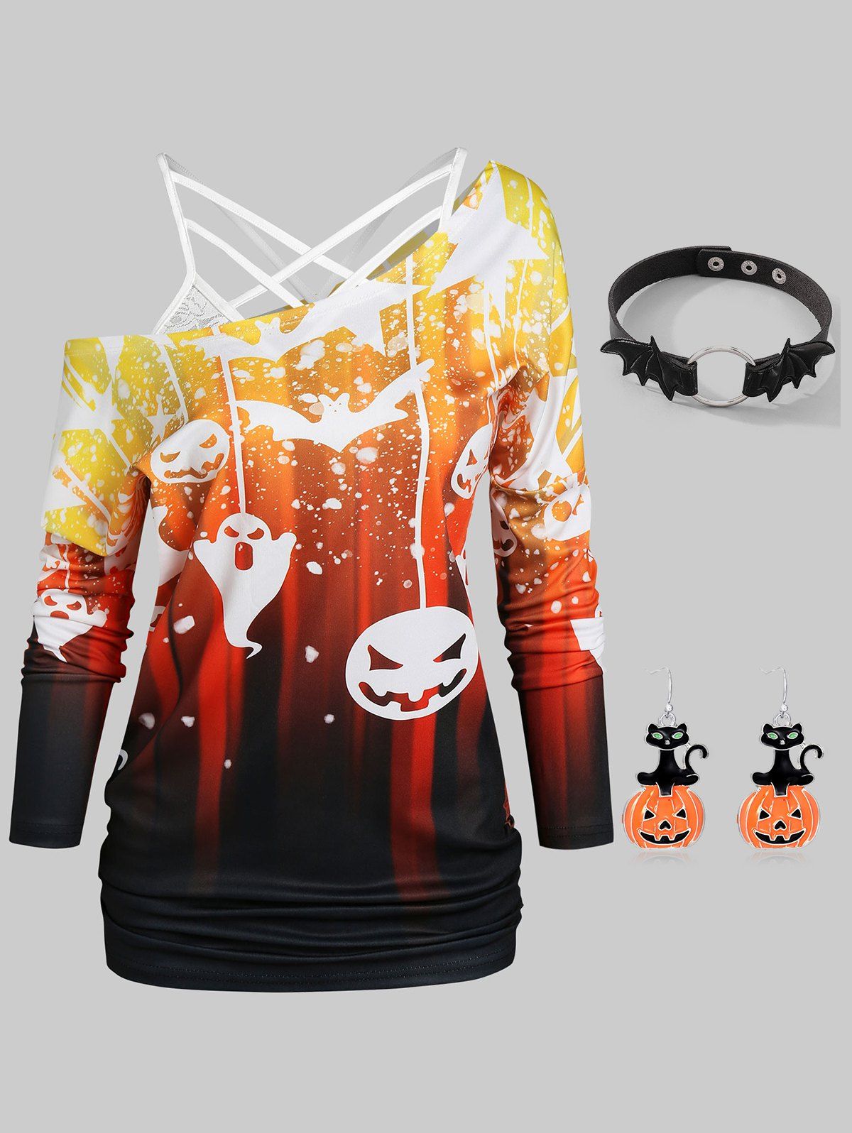 Ensemble de T-shirt D'Halloween Chauve-souris Citrouille et Haut à Bretelle en Dentelle et Boucles d'oreilles Ras-du-Cou - multicolor S