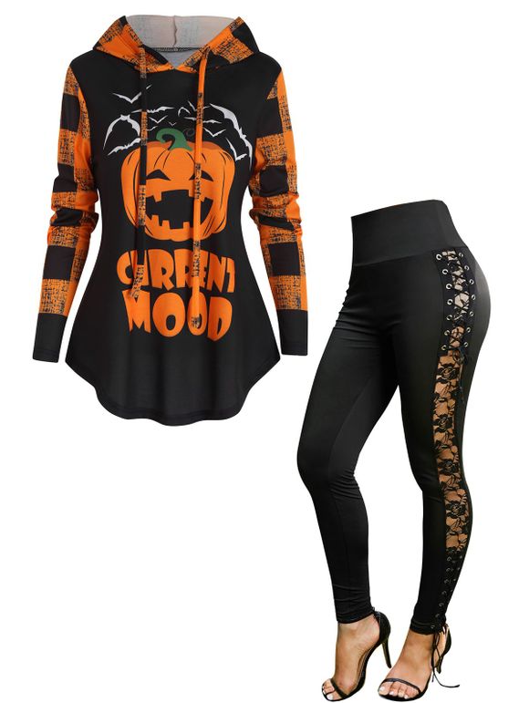 Ensemble de Legging D'Halloween à Lacets et Top à Capuche Citrouille Lettre et Chauve-souris avec Œillet - multicolor S