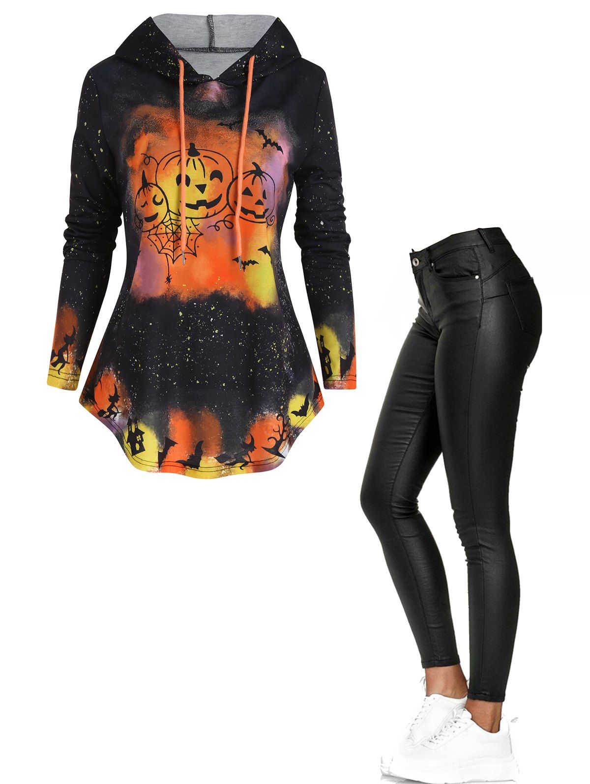 Pumpkin Bat Galaxy Print Curved Hem Hoodie And Pockets PU Pants Halloween Outfit - multicolor S