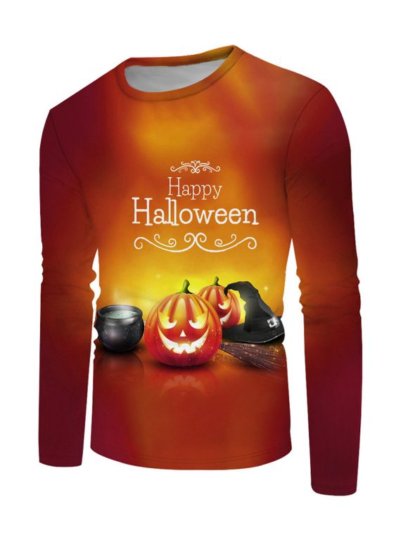 T-Shirt à Manches Longues à Imprimé Citrouille Sorcière et Inscription Happy Halloween Style Graphique - multicolor 3XL