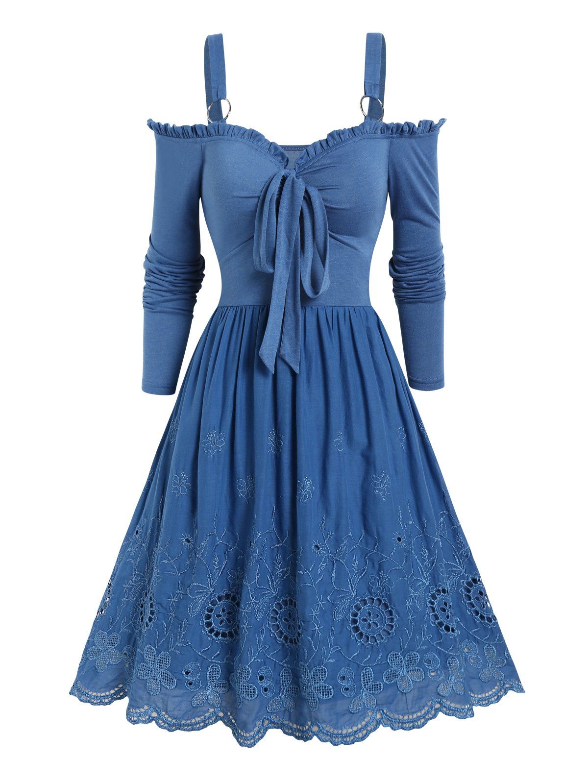 Cold Shoulder Long Sleeve Dress Hollow Out Floral Embroidery Bowknot Ruffles O Ring A Line Dress - DEEP BLUE XXXL