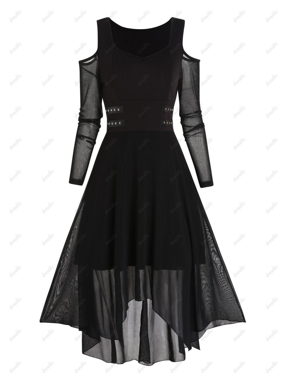 Gothic Dress Cold Shoulder Asymmetric Dress See Thru Mesh Long Sleeve Handkerchief Dress - BLACK M