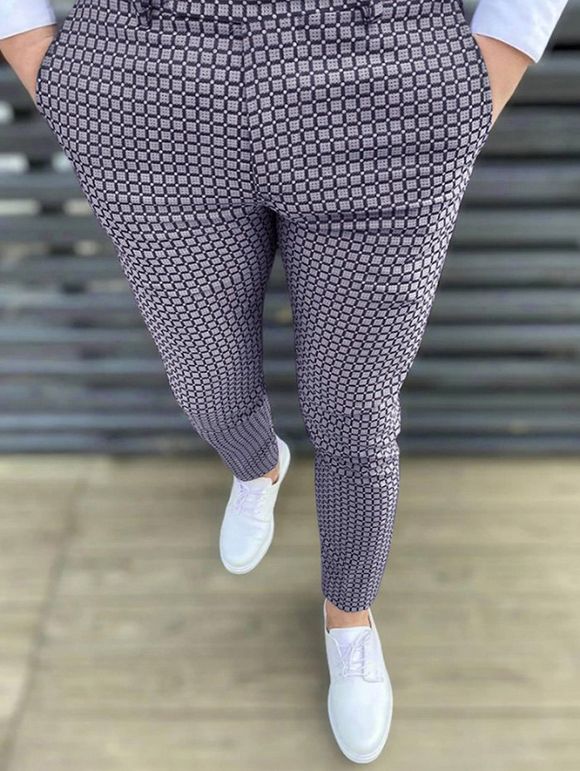 Pantalon Décontracté Long Géométrique Imprimé Zippé avec Poches - Gris XL