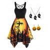 Pumpkin Bat Ghost Print Crisscross Handkerchief Dress And Gothic Necklace Earrings Halloween Outfit - multicolor S
