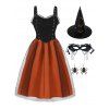Colorblock Party Dress And Witch Hat Party Mask Spider Rhinestone Earrings Halloween Outfit - multicolor S