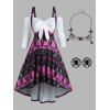 Bat Skeleton Cat Print Bowknot High Low Dress And Web Rhinestone Spider Necklace Earrings Gothic Outfit - multicolor S