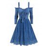 Cold Shoulder Long Sleeve Dress Hollow Out Floral Embroidery Bowknot Ruffles O Ring A Line Dress - DEEP BLUE L