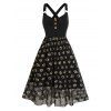 Halloween Dress Glitter Pumpkin Print Mock Button High Waisted A Line Midi Dress - BLACK S