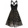 Halloween Dress Glitter Pumpkin Print Mock Button High Waisted A Line Midi Dress - BLACK XXL