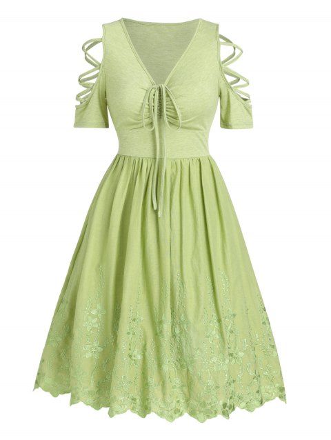 Flower Embroidery Cottagecore Dress Cinched Ruched Bust Flare Dress Lattice Short Sleeve Dress