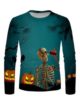 T-shirt D'Halloween à Imprimé Chauve-souris Squelette Citrouille à Manches Longues