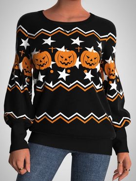 Sweat-shirt D'Halloween à Imprimé Etoile Citrouille Zigzag à Manches Longues