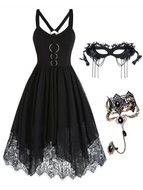 Floral Lace Chiffon O Rings Asymmetric Dress And Party Mask Heart Lace Bracelet Halloween Outfit